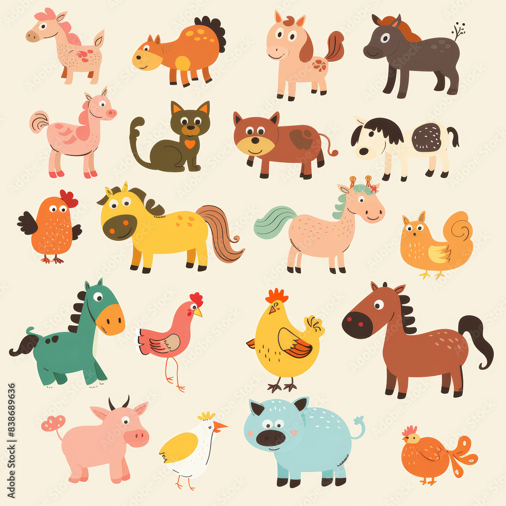 Adorable Vector Set of Simple Animal Drawings – Includes Kids' Illustrations of Dogs, Cats, Chickens, Horses, and Pigs in a Fun and Playful Cartoon Style