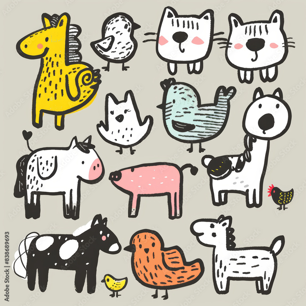 Obraz premium Adorable Vector Set of Simple Animal Drawings – Includes Kids' Illustrations of Dogs, Cats, Chickens, Horses, and Pigs in a Fun and Playful Cartoon Style