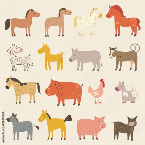Adorable Vector Set of Simple Animal Drawings – Includes Kids' Illustrations of Dogs, Cats, Chickens, Horses, and Pigs in a Fun and Playful Cartoon Style