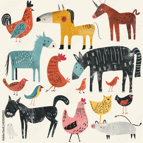 Adorable Vector Set of Simple Animal Drawings – Includes Kids' Illustrations of Dogs, Cats, Chickens, Horses, and Pigs in a Fun and Playful Cartoon Style