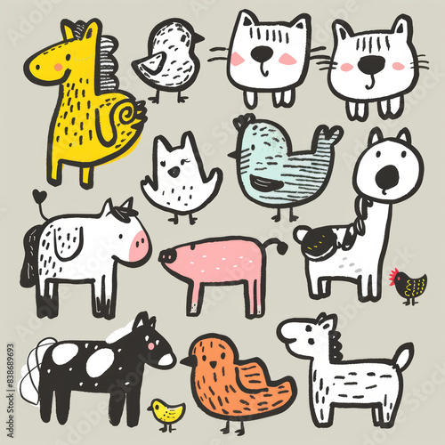 Adorable Vector Set of Simple Animal Drawings – Includes Kids' Illustrations of Dogs, Cats, Chickens, Horses, and Pigs in a Fun and Playful Cartoon Style