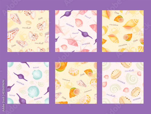 Summer beach resort sea ocean seashell seamless pattern design template set vector illustration