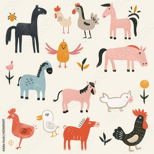 Adorable Vector Set of Simple Animal Drawings – Includes Kids' Illustrations of Dogs, Cats, Chickens, Horses, and Pigs in a Fun and Playful Cartoon Style