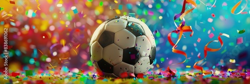 Celebratory Soccer Victory: Soccer Ball Centered in Frame Amidst Flying Confetti and Streamers, Against a Vibrant, Colorful Background. Cinematic High Resolution Photography Capturing the Joyous Mood.
