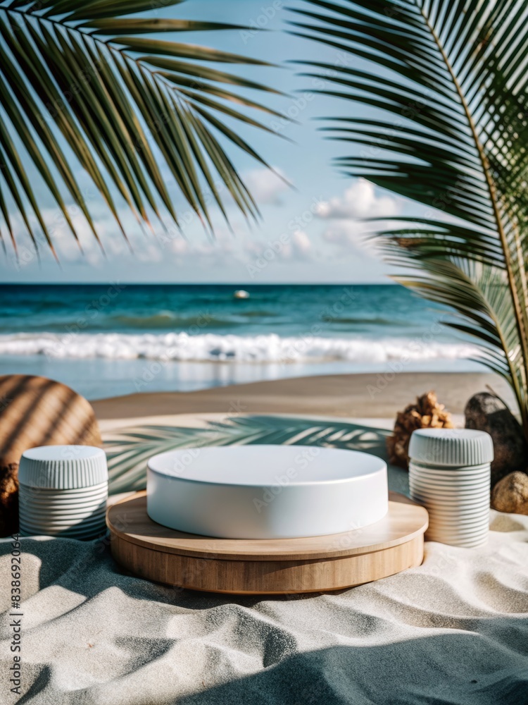 Obraz premium Elegant Beachside Podium for Product Display with Tropical Palm Leaves and Ocean Background, Perfect for Summer-Themed Marketing and Advertising