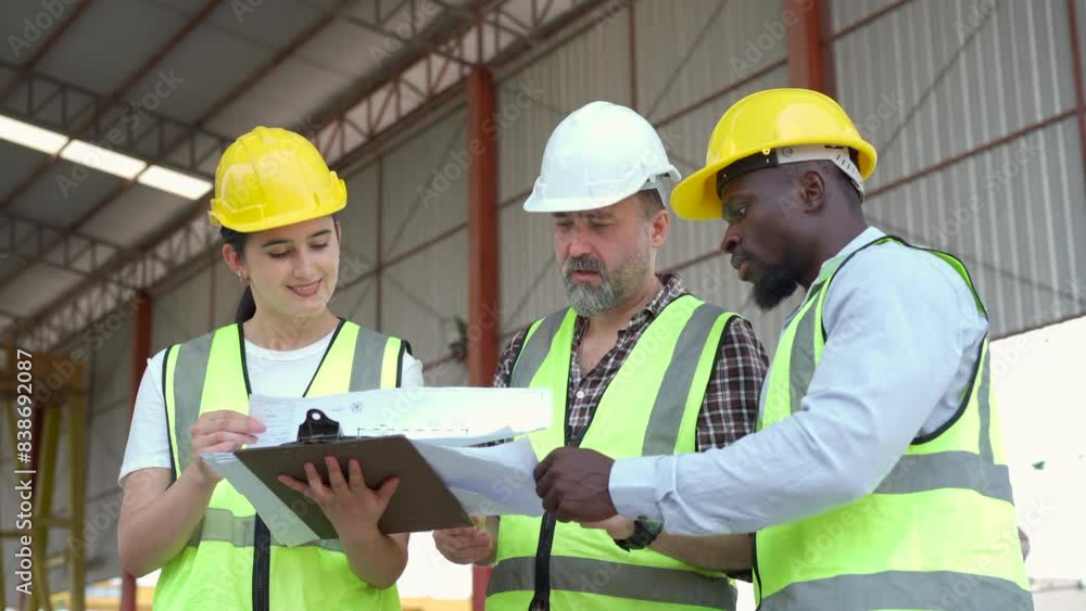 Diverse ethnicity foreman or engineers are examining and discussing at the construction site. Diverse ethnicity foreman or engineers are examining and discussing at the construction site.
