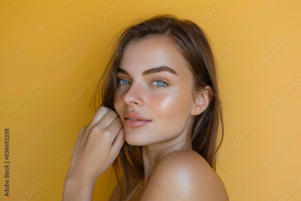 Close-Up Portrait of a Woman with Blue Eyes. Generative AI. Close-Up Portrait of a Woman with Blue Eyes. Generative AI.