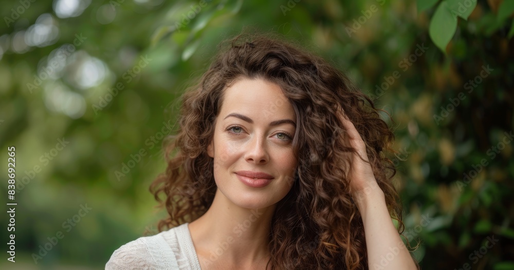 Beautiful Woman with Curly Hair Smiling in Nature. Generative AI. Beautiful Woman with Curly Hair Smiling in Nature. Generative AI.