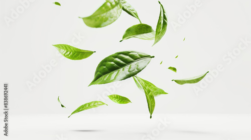 Fresh Matcha Green Tea Leaf Close-Up on White Background