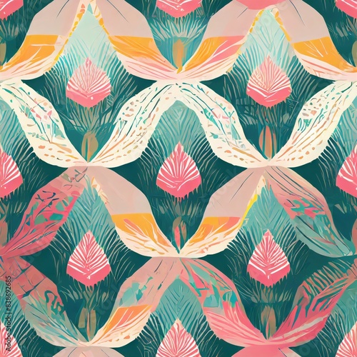 Ikat tropical seamless pattern pastel tone. Abstract traditional folk antique graphic background.
