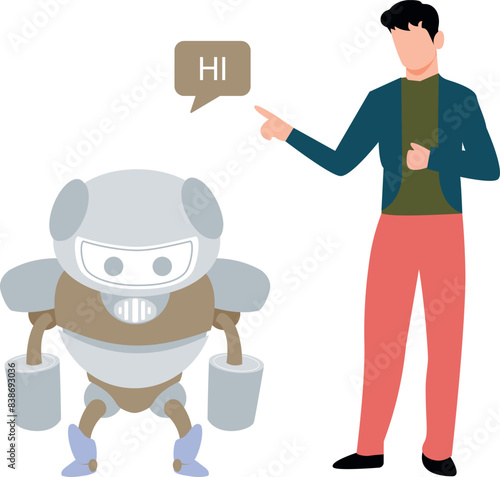 A boy stands near an artificial intelligence robot.
