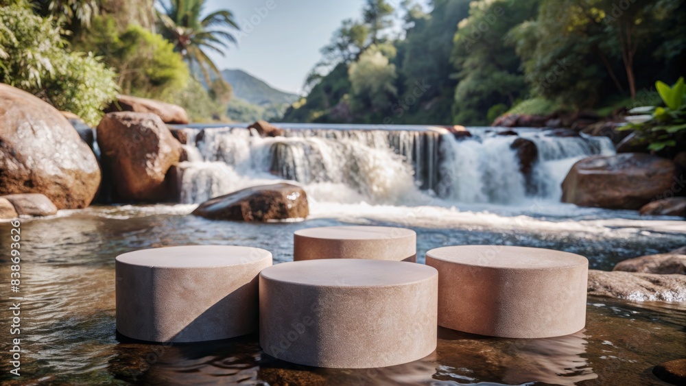 Elegant Stone Podium Display in Serene Natural Setting with Waterfall and Lush Greenery - Perfect for Product Showcasing and Nature-Themed Presentations Elegant Stone Podium Display in Serene Natural Setting with Waterfall and Lush Greenery - Perfect for Product Showcasing and Nature-Themed Presentations