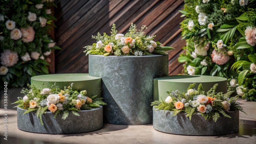 Elegant Green Marble Podium Display with Floral Arrangements for Product Presentation in a Natural Setting Elegant Green Marble Podium Display with Floral Arrangements for Product Presentation in a Natural Setting