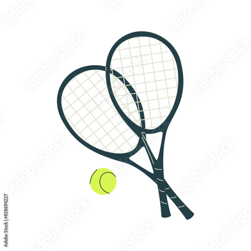 Tennis rackets, ball, badminton shuttlecock. Crossed racquets, sport game equipment, supplies for playing tenis.