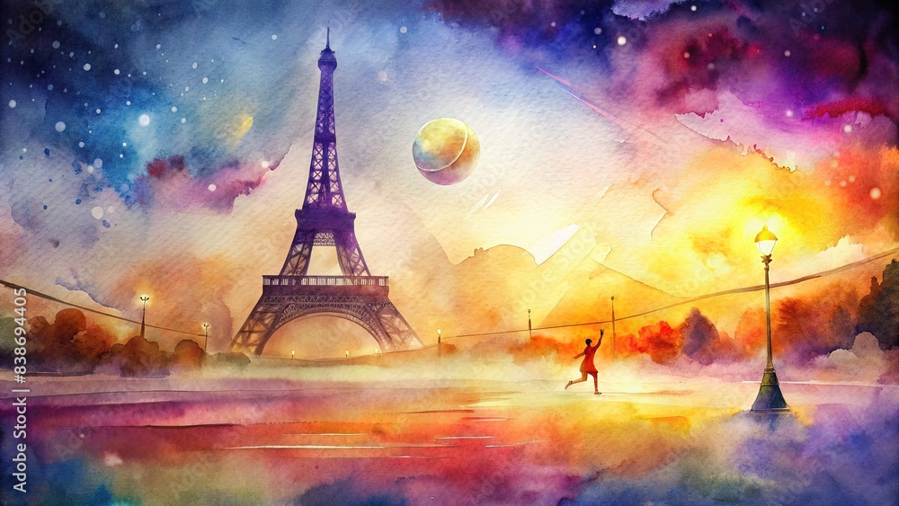 Vibrant watercolor of volleyball near the Eiffel Tower, volleyball, Eiffel Tower, watercolor, vibrant, sport, travel, Paris, landmark, architecture, artwork, painting, recreational, play