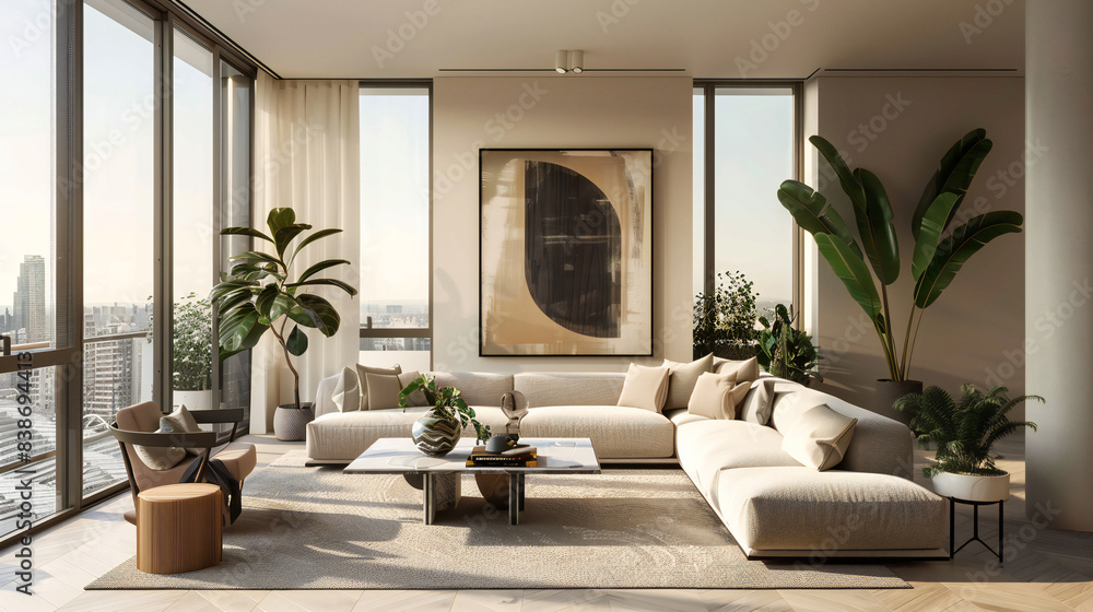 Fototapeta premium White living room interior with sofa and armchair, shelf with art decoration, carpet on hardwood floor. Panoramic window on tropics