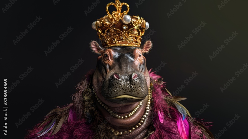 Fototapeta premium Hippopotamus wearing a queen's dress and crown, on a black background.