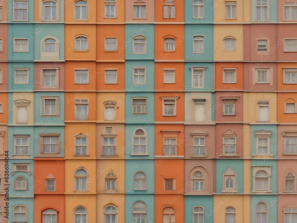 A visually striking pattern of pastel orange, teal, and pink facades with rows of windows, typical of old residential buildings. Urban, architecture, or travel themes. A visually striking pattern of pastel orange, teal, and pink facades with rows of windows, typical of old residential buildings. Urban, architecture, or travel themes.
