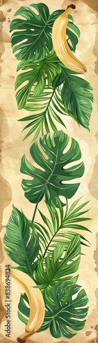 Set of tropical leaves including monstera, palm, and banana, arranged artistically on a vintage background, Vintage, Earthy tones, Digital Illustration