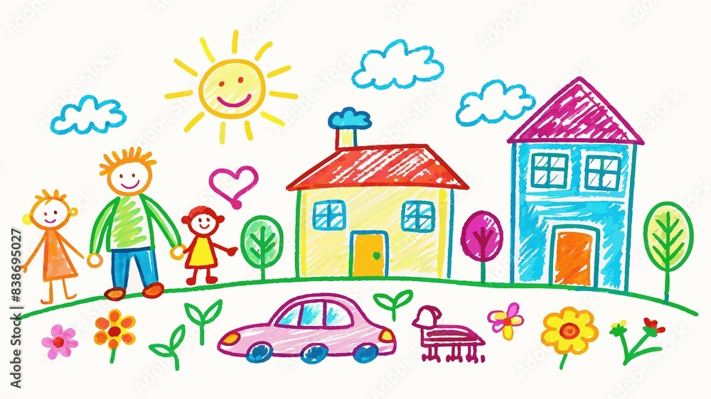 A child's imagination takes flight! A colorful chalk drawing depicts a family scene, filled with love and wonder. A child's imagination takes flight! A colorful chalk drawing depicts a family scene, filled with love and wonder.