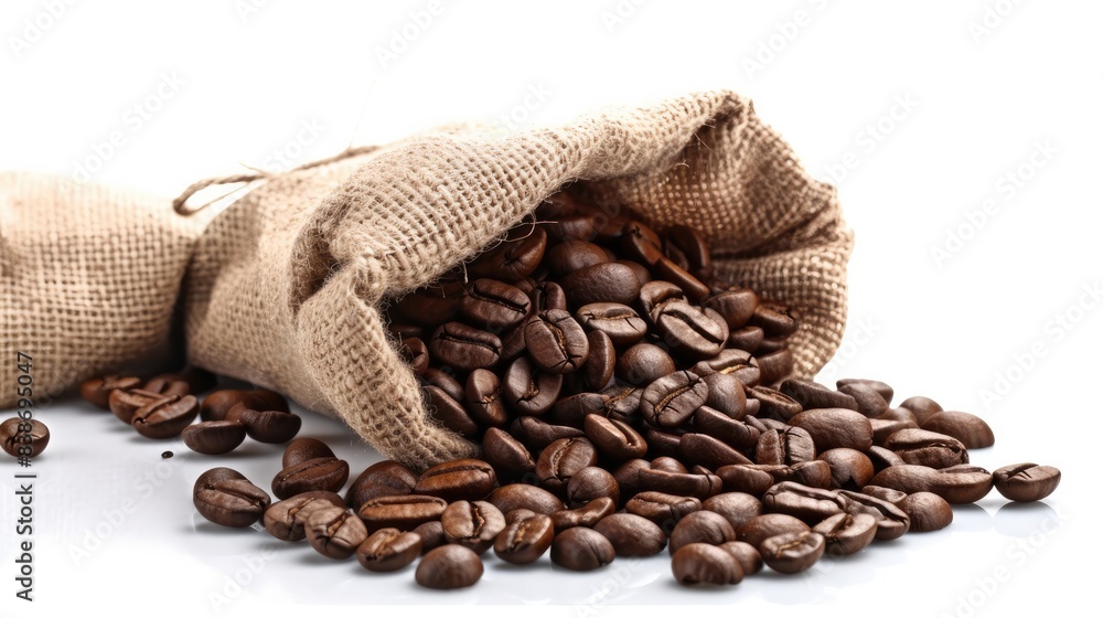 Roasted coffee bean in sack bag isolated on white background Roasted coffee bean in sack bag isolated on white background