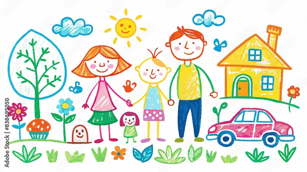 Sunshine and smiles abound! A child's colorful chalk masterpiece captures the joy of a happy family on a bright day. Sunshine and smiles abound! A child's colorful chalk masterpiece captures the joy of a happy family on a bright day.