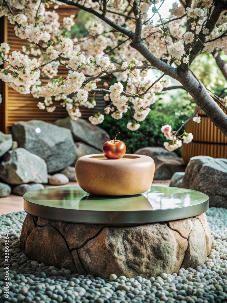 Elegant Product Display Podium with Cherry Blossoms and Apple in Zen Garden Setting Elegant Product Display Podium with Cherry Blossoms and Apple in Zen Garden Setting
