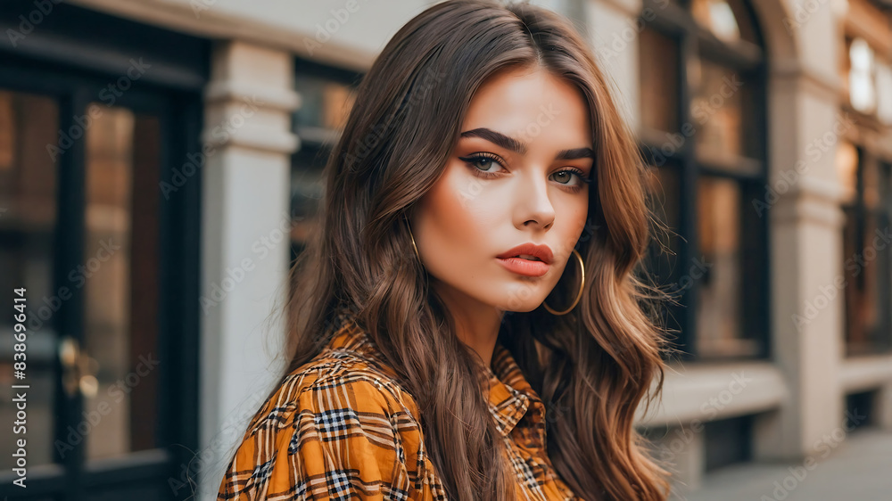 Stunning portrait of a beautiful brunette woman influencer and model with gorgeous brown colored hair