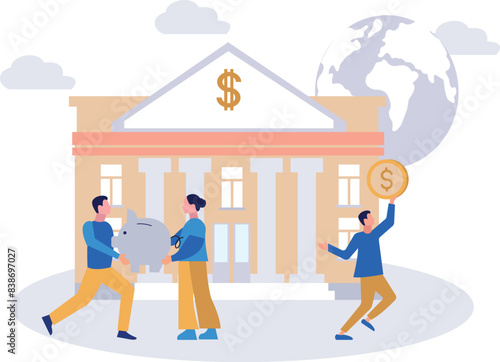 Boy and girl saving money in piggy bank.