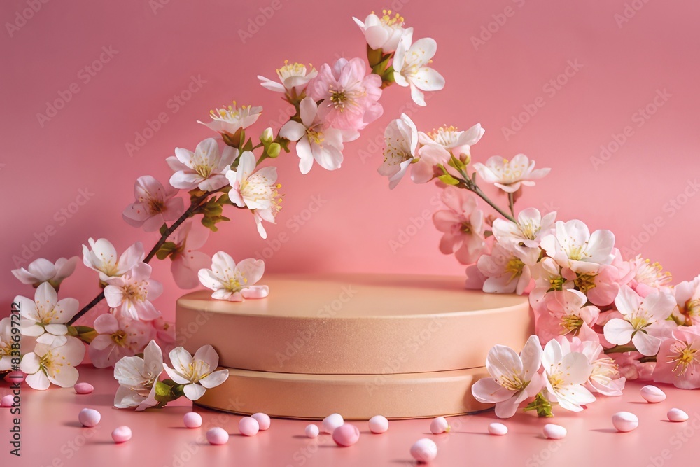 Elegant Pink Podium with Cherry Blossoms for Product Display, Perfect for Cosmetics, Jewelry, and Luxury Items, Ideal for Marketing and Advertising Campaigns, High-Quality Stock Photo Elegant Pink Podium with Cherry Blossoms for Product Display, Perfect for Cosmetics, Jewelry, and Luxury Items, Ideal for Marketing and Advertising Campaigns, High-Quality Stock Photo