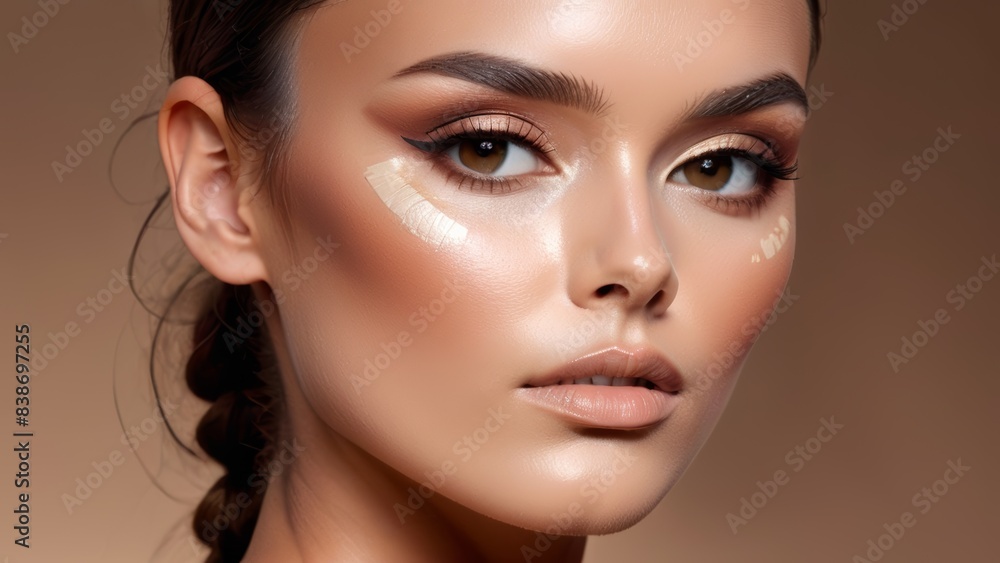 Close-Up of Model with Flawless Nude Makeup and Highlighted Cheeks Close-Up of Model with Flawless Nude Makeup and Highlighted Cheeks