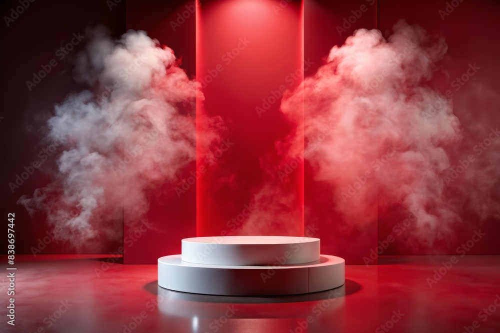 Modern Minimalist Podium for Product Display with Dramatic Red Lighting and Smoke Effects, Perfect for Showcasing Luxury Items, Cosmetics, or Technology in a Stylish and Eye-Catching Setting Modern Minimalist Podium for Product Display with Dramatic Red Lighting and Smoke Effects, Perfect for Showcasing Luxury Items, Cosmetics, or Technology in a Stylish and Eye-Catching Setting