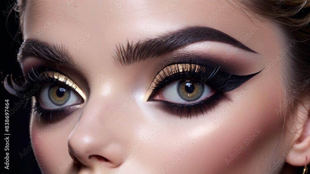 Intense Eye Makeup with Gold Eyeshadow and Winged Eyeliner Intense Eye Makeup with Gold Eyeshadow and Winged Eyeliner