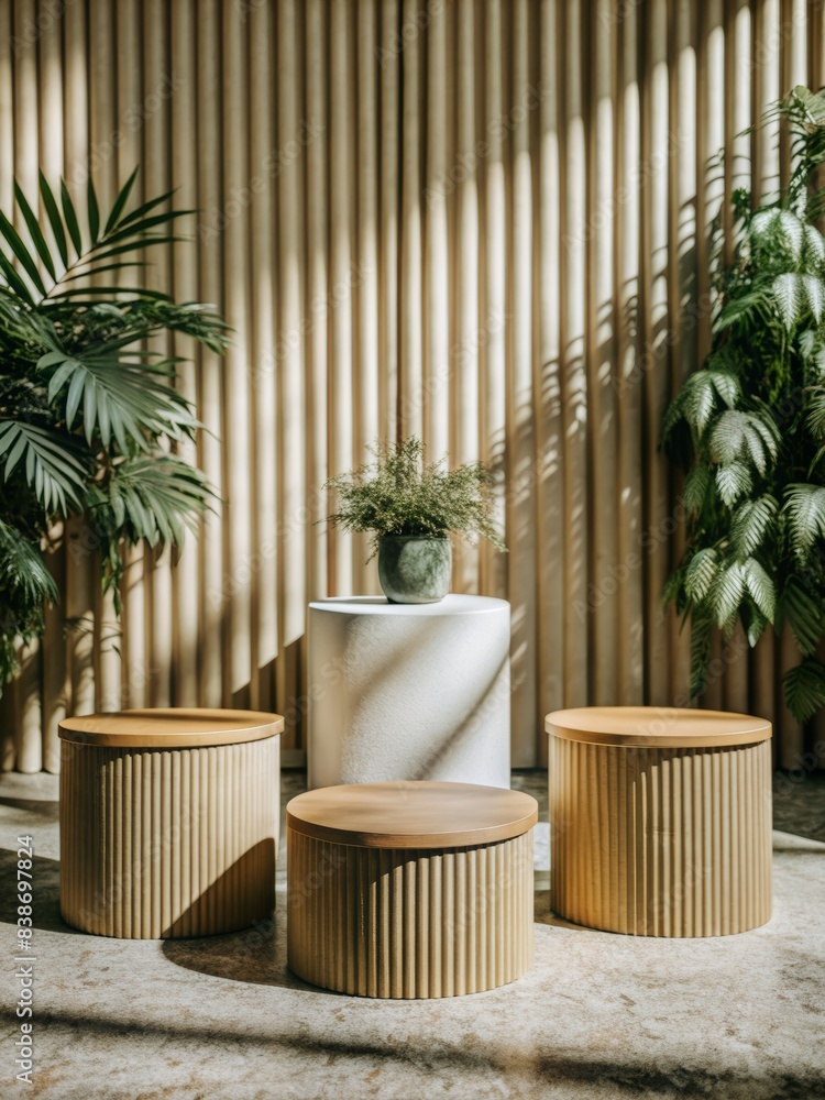 Fototapeta premium Elegant Podium Display for Product Presentation in Modern Minimalist Setting with Natural Light and Greenery