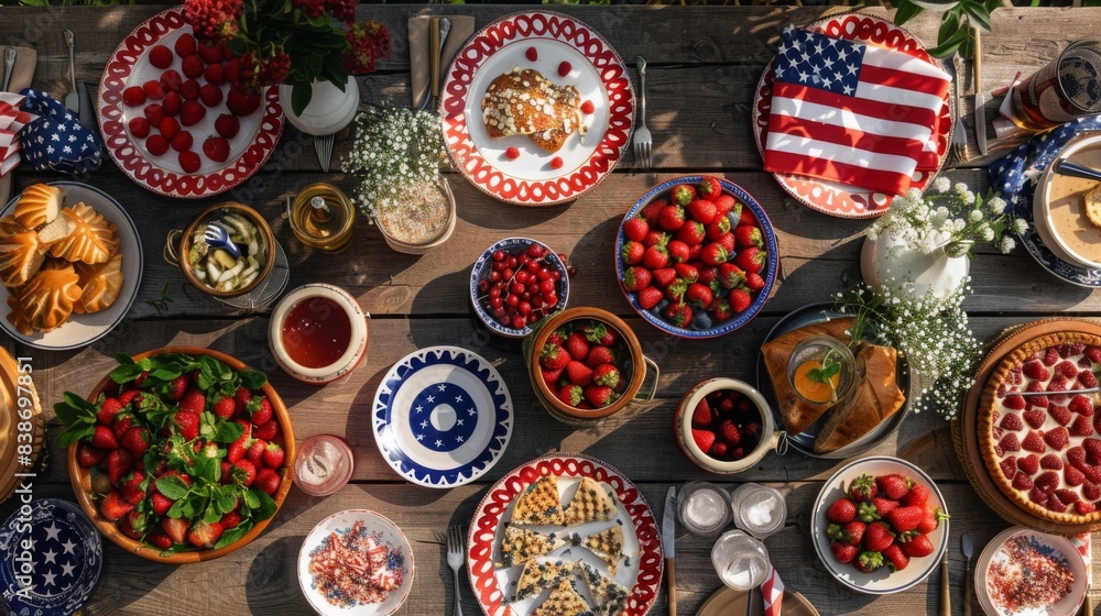 A table set for a Fourth of July picnic, with patriotic tableware, food, and decorations A table set for a Fourth of July picnic, with patriotic tableware, food, and decorations