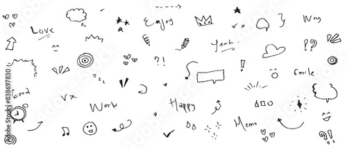 Sketch line arrow element, star, heart shape. Hand drawn doodle sketch.
