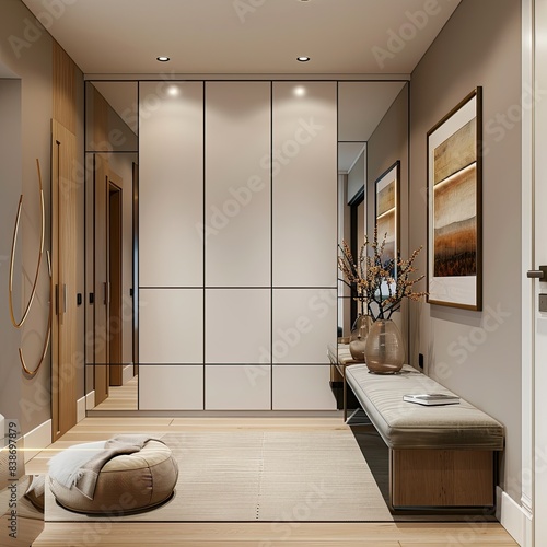hallway interior design, big white wardrobe, modern and contemporary style, white grey walls, white and warm grey colors, picture, big mirror on the wall