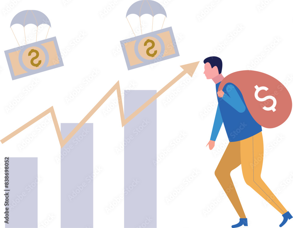 The boy is carrying a bag of dollars. The boy is carrying a bag of dollars.