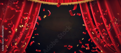 Opening Invitation with Red Curtains and Gold Confetti. photo