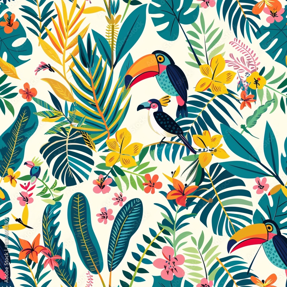 A seamless pattern of tropical birds among lush flora, creating a vibrant and exotic theme A seamless pattern of tropical birds among lush flora, creating a vibrant and exotic theme