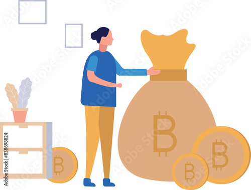 The girl is pointing at the dollars bag.