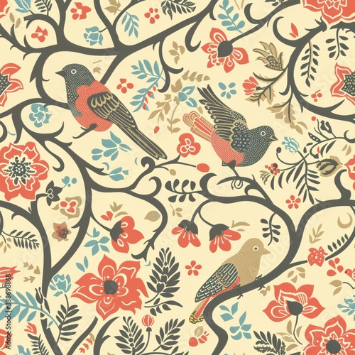 A seamless pattern displaying whimsical birds and intricate floral designs, arranged in a cohesive layout