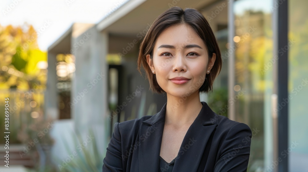 A professional Asian woman real estate agent with short hair stands outside a sleek, minimalist house with a neutral color scheme and large windows A professional Asian woman real estate agent with short hair stands outside a sleek, minimalist house with a neutral color scheme and large windows