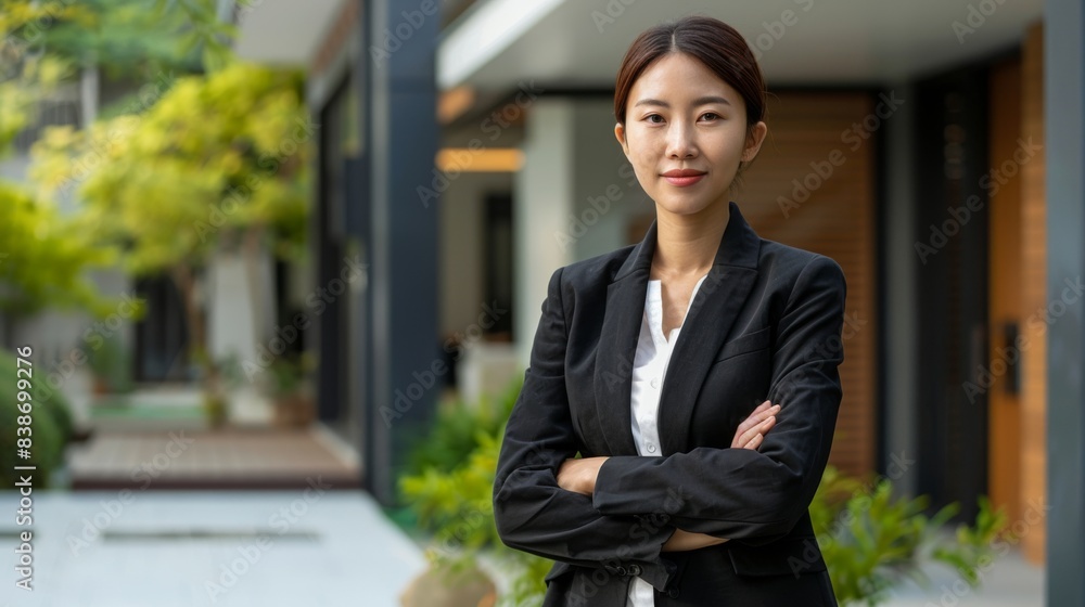 A professional Asian woman real estate agent stands confidently outside a sleek, modern house with a minimalist design and a large entrance door A professional Asian woman real estate agent stands confidently outside a sleek, modern house with a minimalist design and a large entrance door