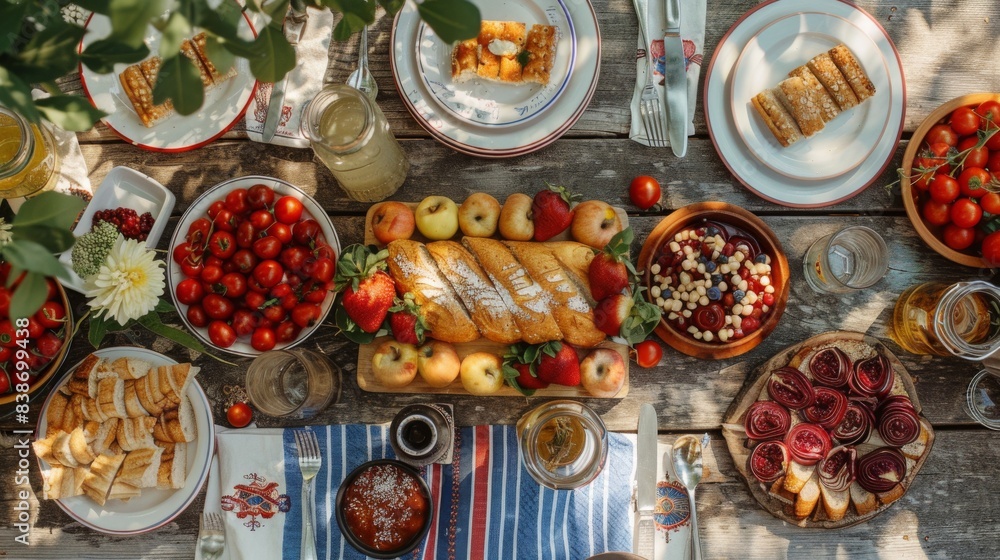 A picnic table with red, white, and blue food and drinks, set up for a 4th of July celebration A picnic table with red, white, and blue food and drinks, set up for a 4th of July celebration