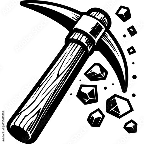 Sharp pickaxe splits rock in monochrome. Stone quarrying tool. Simple minimalistic vector in black ink drawing on transparent background