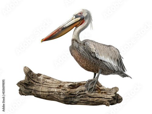 Elegant pelican perched on a weathered log, showcasing its magnificent beak and feathers in a detailed nature illustration.