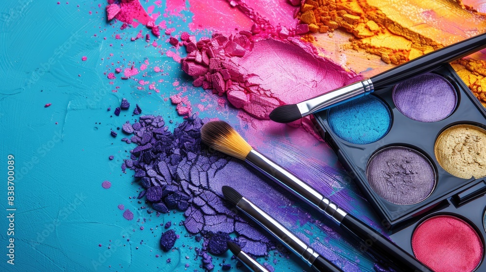 Obraz premium Colorful Eyeshadow Palette with Makeup Brushes on Vibrant Backgrounds in Pink, Blue, and Yellow