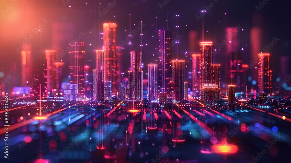 Fototapeta premium Futuristic Neon Skyline at Night with Glowing Digital Elements and Abstract Cityscape
