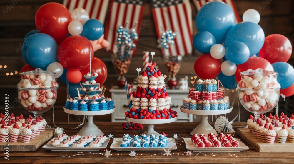A patriotic themed dessert table at a 4th of July party, with red, white, and blue sweets and decorations A patriotic themed dessert table at a 4th of July party, with red, white, and blue sweets and decorations